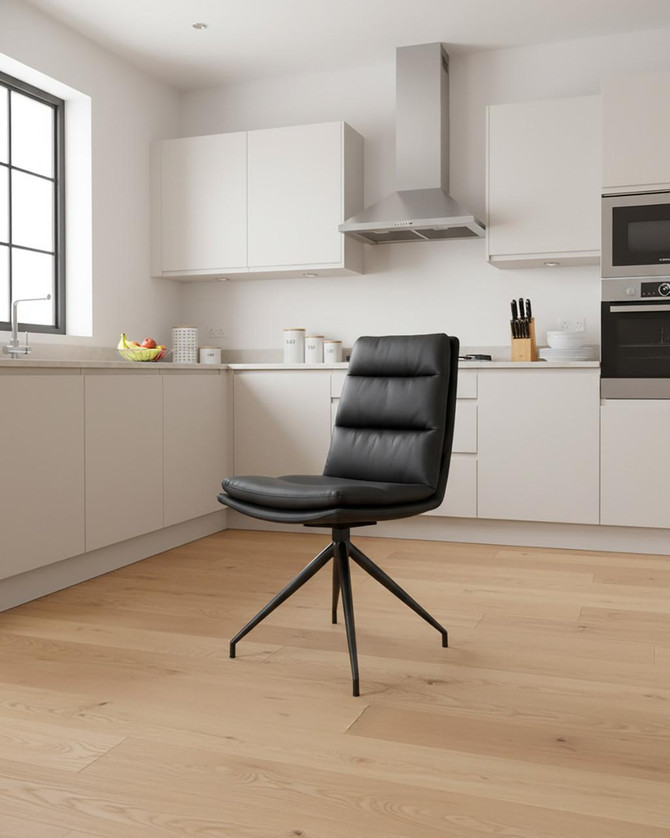 Hamilton Swivel Counter Chair in Black, modern black leather office chair with adjustable height and swivel feature placed in a contemporary kitchen setting. Hamilton Swivel Counter Chair in Black, modern black leather office chair with adjustable height and swivel feature placed in a contemporary kitchen setting.