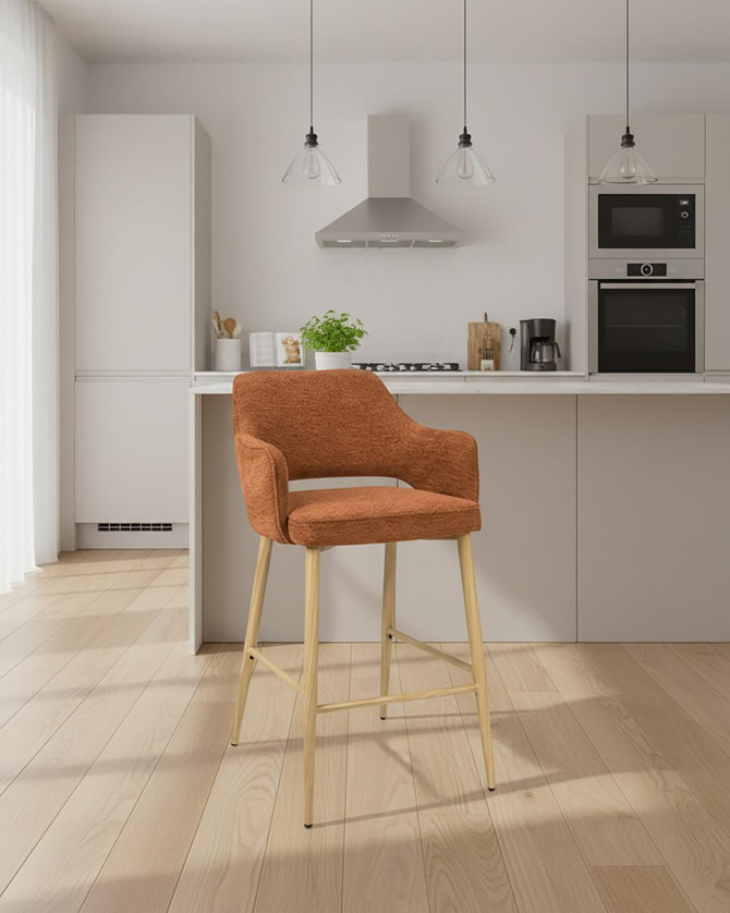 Stanley Rust Coloured Bar Chair, rust-colored bar stool with wooden legs in modern kitchen setting. Stanley Rust Coloured Bar Chair, rust-colored bar stool with wooden legs in modern kitchen setting.