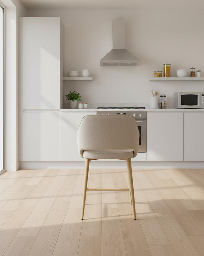 Stanley Natural Kitchen Counter Chair, sold as a pair, beige upholstered seat with wooden legs in modern minimalist kitchen setting. Stanley Natural Kitchen Counter Chair, sold as a pair, beige upholstered seat with wooden legs in modern minimalist kitchen setting.