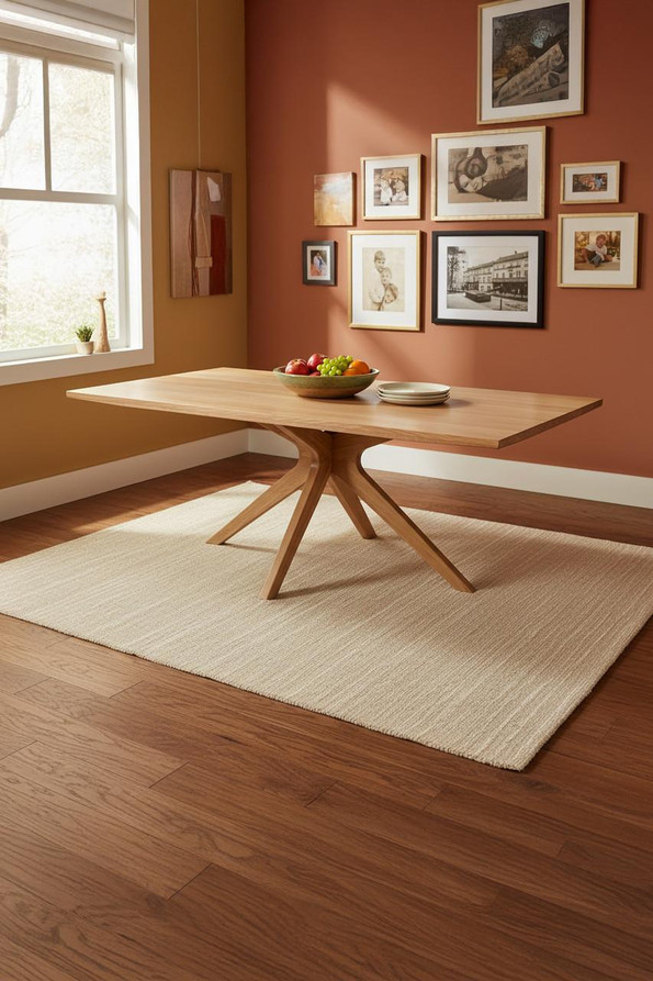 Stanley 200cm Table, modern wooden dining table with a natural finish in a cozy room with a gallery wall and hardwood floor.