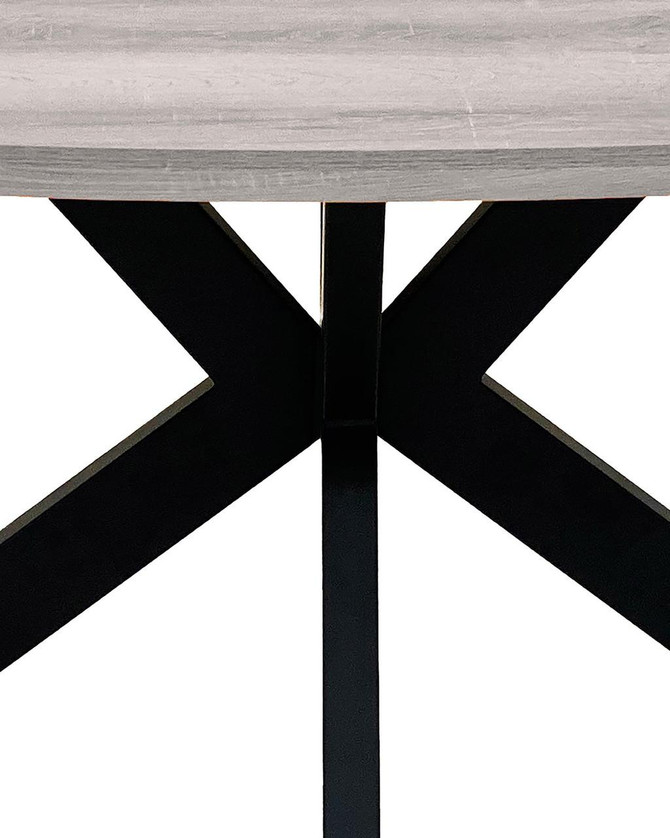 Roma 180cm Grey Oval Table, close-up of black metal X-shaped support legs under a grey oval tabletop.