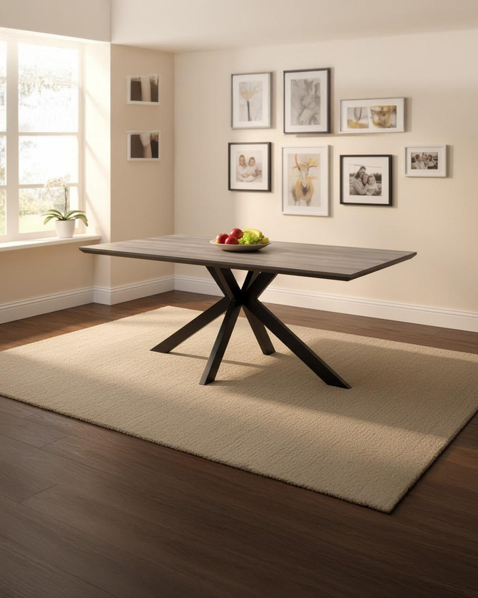 Roma 180cm Grey Dining Table, modern wooden dining table with a grey tabletop and black angled base in a bright dining room setting.