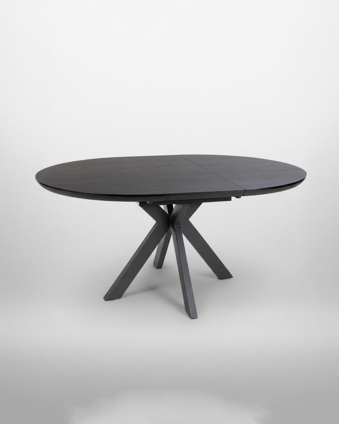 Hamilton Black Ash Round 120cm - 160cm Extending Table, modern black ash wood dining table with adjustable length, round shape, and stylish stable base.