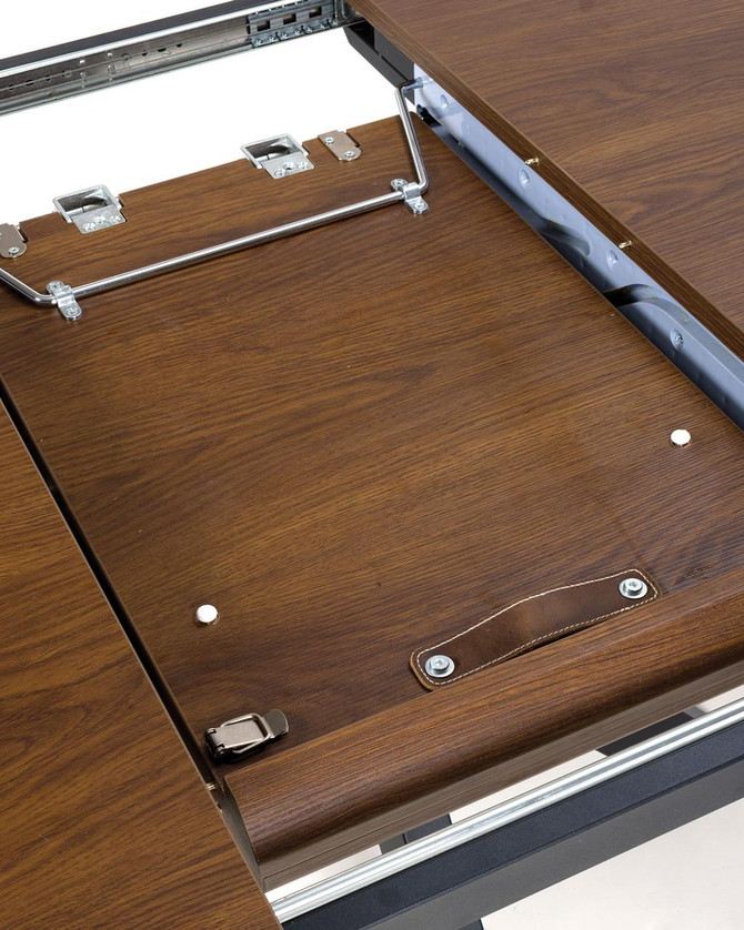 Hamilton Smoked Oak Round 120cm - 160cm Extending Table, close-up of the wooden tabletop with extension mechanism and metal hardware.