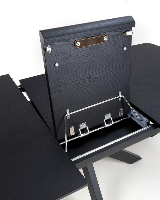 Hamilton Black Ash Extending Table 140cm - 180cm Table, black wood dining table with extendable leaf mechanism and metal support bars.