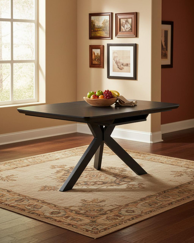 Hamilton Black Ash Extending Table 140cm - 180cm Table, stylish black extendable dining table with a modern design placed in a cozy living room with framed artwork and a patterned rug.