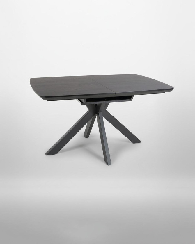 Hamilton Black Ash Extending Table 140cm - 180cm Table, sleek black ash wood dining table with extendable feature, modern design with sturdy angled legs, adaptable for different dining space sizes.