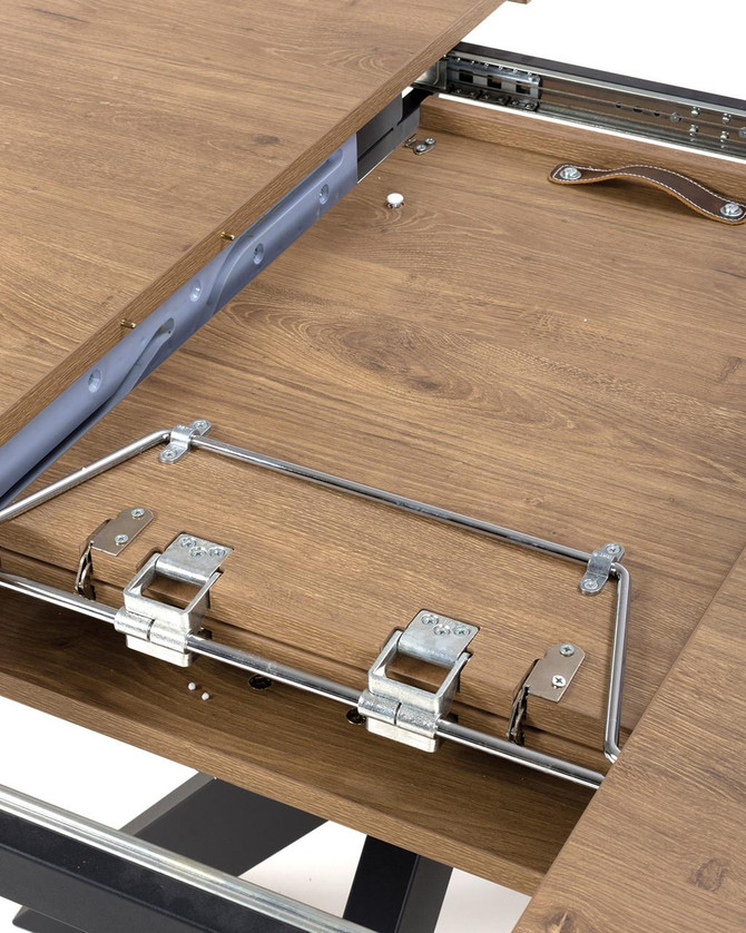 Hamilton Rustic Oak Extending Table, open mechanism showing extendable metal frame and wooden tabletop with a leather handle for extension.