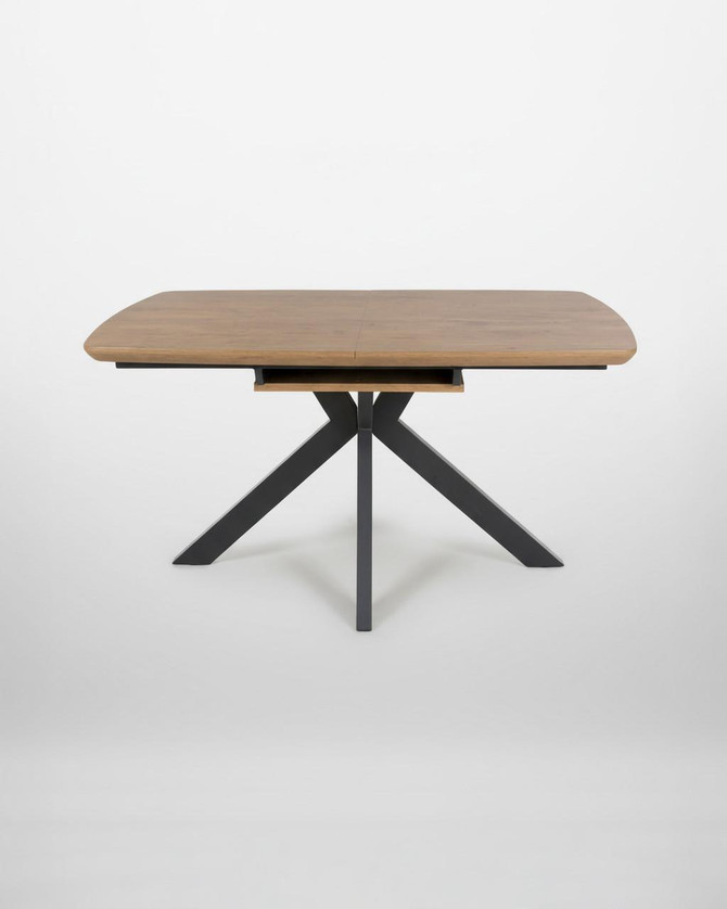 Hamilton Rustic Oak Extending Table 140cm - 180cm Table, modern dining table with a rustic oak top and black metal x-shaped legs.