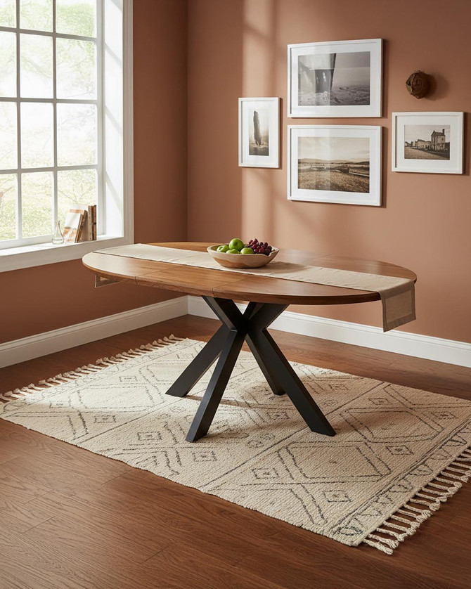 Hamilton Rustic Oak Round 120cm - 160cm Extending Table, wooden dining table with black crossed legs, set in a cozy room with peach walls and framed black-and-white photos.