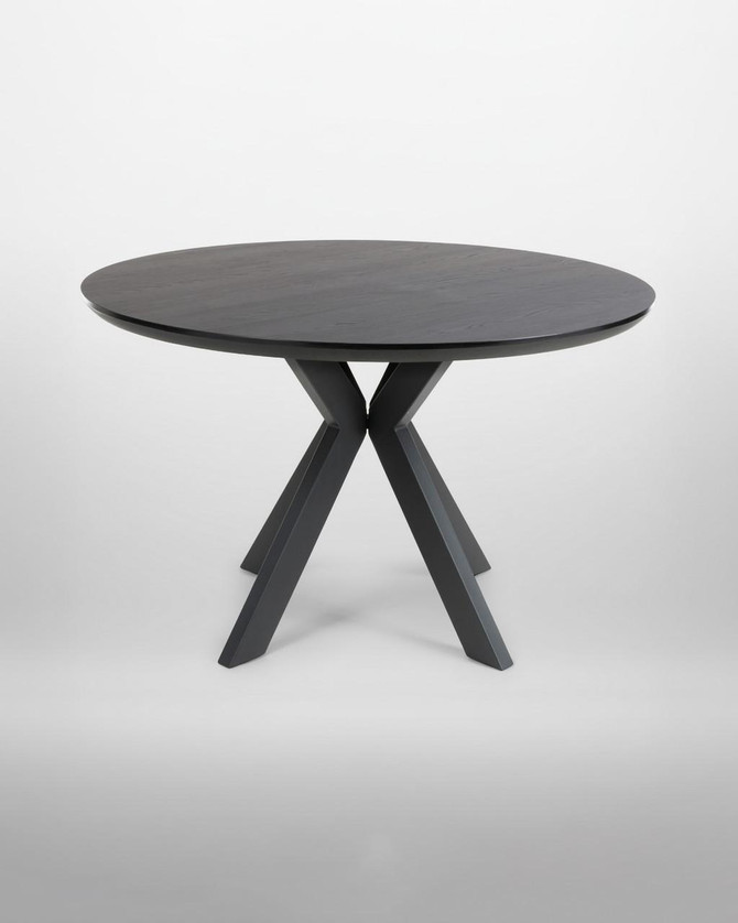 Hamilton 120cm Black Ash Round Table, modern black ash wood dining table with a round top and unique geometric black legs.