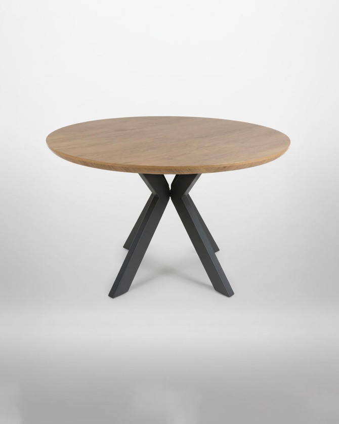 Hamilton Rustic Oak 120cm Round Table, modern dining table with a natural oak wooden top and black intersecting X-style metal legs, minimalist design for contemporary interior decor.
