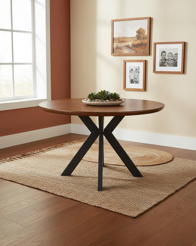 Hamilton Smoked Oak 120cm Round Table, stylish dining table with smoked oak finish and black geometric legs in a cozy room with framed pictures and a natural fiber rug.