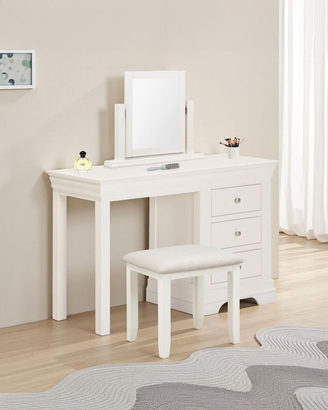 Vermont Three Drawer Dressing Table, Mirror and Stool In Ivory, white vanity set with three drawers, a mirror, and a matching stool in a bedroom or dressing area.