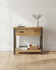 Hulstone Industrial Reclaimed Small Console Table WFS-BH-HUL02B, wooden console table with metal frame, two drawers, and a lower shelf with books, showcasing rustic and industrial design elements.