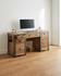 Hulstone Industrial Reclaimed Twin Pedestal Home Office Desk WFS-BH-HUL06B, rustic wooden desk with metal accents, multiple drawers, and cabinet for storage, ideal for an industrial-style workspace.