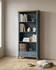 Anchorage Blue Tall Bookcase WFS-BH-ANC01B, blue wooden bookshelf with three open shelves and two small drawers at the bottom, topped with a light wood finish.