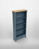 Anchorage Blue Tall Bookcase WFS-BH-ANC01B, blue wooden bookshelf with three open shelves and two small drawers at the bottom, topped with a light wood finish.