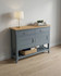Anchorage Blue Small Sideboard / Hall Console Table WFS-BH-ANC02B, a blue wooden sideboard with a natural wood top surface, featuring two drawers and two cabinet doors for storage.