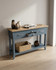Anchorage Blue Console Table WFS-BH-ANC02E, a stylish blue wooden console table with a natural wood top, three drawers with metallic handles, and an open lower shelf for additional storage.