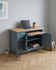 Anchorage Blue Hidden Home Office Desk WFS-BH-ANC06A, versatile blue desk with a natural wood top, multiple storage drawers, and open cabinets suitable for home office use.