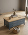 Anchorage Blue Coffee Table with Drawers & Storage WFS-BH-ANC08A, blue and wooden coffee table with four drawers and a top surface made of wood with a herringbone pattern.