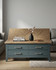 Anchorage Blue Coffee Table with Drawers & Storage WFS-BH-ANC08A, blue and wooden coffee table with four drawers and a top surface made of wood with a herringbone pattern.