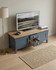 Anchorage Blue Widescreen Television Stand WFS-BH-ANC09A, a stylish media console with a blue finish and natural wood top design.