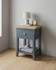 Anchorage Blue One Drawer Lamp Table WFS-BH-ANC10A, a blue wooden side table with a natural wood top, single drawer with a modern silver handle, and lower shelf for additional storage.