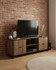 Hyloft Reclaimed Extra Large Widescreen Television Cabinet WFS-BH-HYL09C, wooden TV stand with black metal frame, two cabinet doors, and open shelves for electronics.