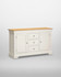 Vermont 2 Door 3 Drawer Sideboard in Ivory/Oak VM400-405-053, wooden sideboard with white body and natural oak top, featuring two doors and three central drawers with metal knobs.