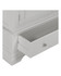 Vermont 3 Door Wardrobe in Pebble Grey VM100-101-234, close-up of the wardrobe with a partially open drawer showing its white finish and silver knob handle.