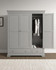 Vermont 3 Door Wardrobe in Pebble Grey VM100-101-234, a modern wardrobe with three doors, including a partially open door revealing hanging clothes and shoes inside.
