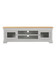 Vermont TV Stand in Pebble Grey/Oak VM300-305-061, a white wooden TV stand with glass-paneled cabinets and open shelves with a light oak top.