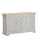 Vermont 2 Door 3 Drawer Sideboard in Pebble Grey/Oak VM400-405-052, a storage furniture piece with a light wood top and white body, featuring two doors and three drawers with metallic knobs.
