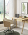 Oak and Fabric Home Office Chair JF-PC812-O, modern ergonomic office chair with beige fabric upholstery, wooden armrests, and a swivel base with wheels in a home office setting.