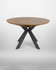 Hamilton Rustic Oak Round 120cm - 160cm Extending Table, modern round dining table with a rustic oak surface and a unique black metal base design.