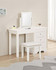 Vermont Three Drawer Dressing Table, Mirror and Stool In Ivory, white vanity set with three drawers, a mirror, and a matching stool in a bedroom or dressing area.