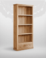 Mobel Oak Large Three Drawer Bookcase COR01A, tall wooden bookcase with three drawers at the bottom and open shelves above, made from oak with a natural finish.