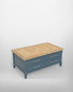 Anchorage Blue Coffee Table with Drawers & Storage WFS-BH-ANC08A, blue and wooden coffee table with four drawers and a top surface made of wood with a herringbone pattern.