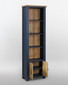 Saltmarsh Blue Narrow Bookcase WFS-BH-SAL01C, a tall wooden bookcase featuring a navy blue finish and a natural wood top, with two small cabinet doors at the bottom and open shelves above.