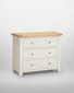 Hampton Ivory 3 Drawer Chest HI100-102-232, wooden top and white dresser with three drawers and metallic knobs for storage.