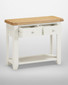 Hampton Ivory 2 Drawer Console Table HI300-304-035, a stylish white wooden console table with a natural wood top and two small drawers with knob handles.