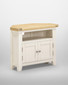 Hampton Ivory Corner TV Unit HI300-305-060, ivory painted wooden TV stand with a natural wood top, open shelf, and cabinet storage with silver knobs.