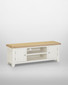 Hampton Ivory Straight TV Unit HI300-305-069, ivory painted wooden TV console with a natural wood top, featuring two closed cabinets and an open shelf for media devices.