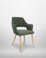 Stanley Green Dining Chair, a stylish upholstered seating with a curved backrest, armrests, and light wooden legs, sold as a pair.