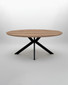 Roma 180cm Light Walnut Oval Table, modern dining table with a light walnut finish and black metal intersecting X-shaped legs on a plain background.