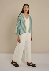 Demylee Cassian Stripe Polo Cardigan  - Turquoise/White