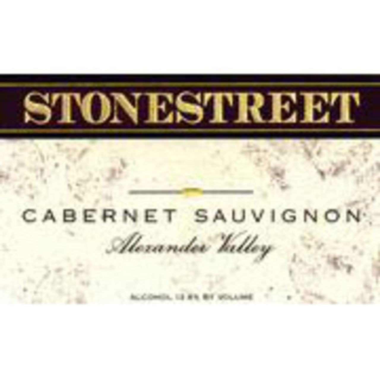Close-up of Stonestreet Cabernet Sauvignon Alexander Valley wine label featuring bold text and a cream-colored background.