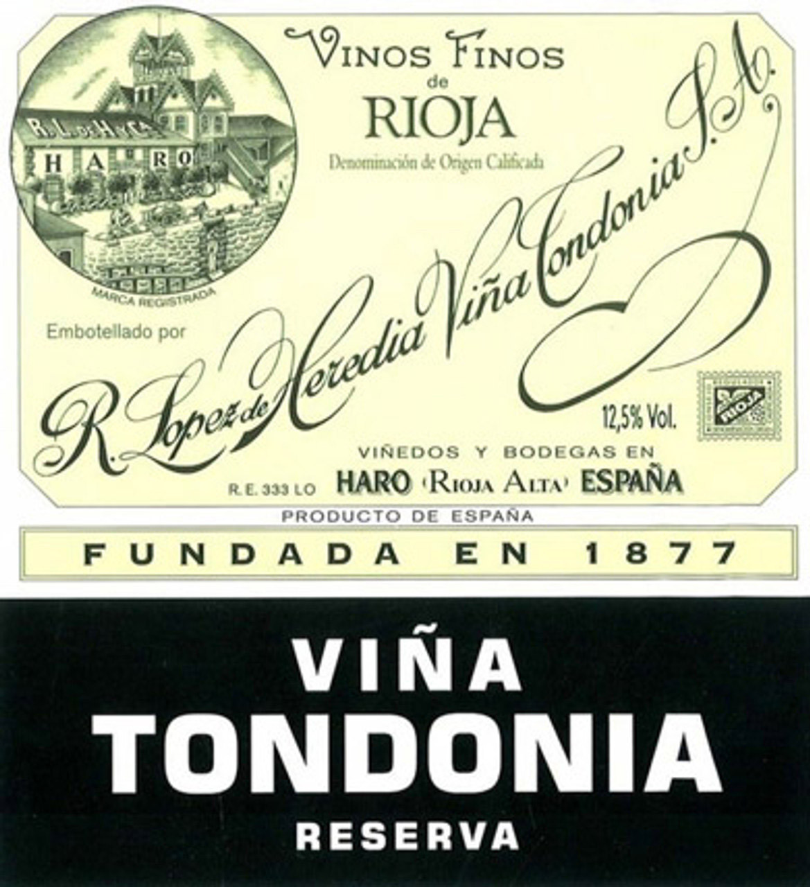 Label of López de Heredia Viña Tondonia Reserva with vintage details and the winery’s historic logo.